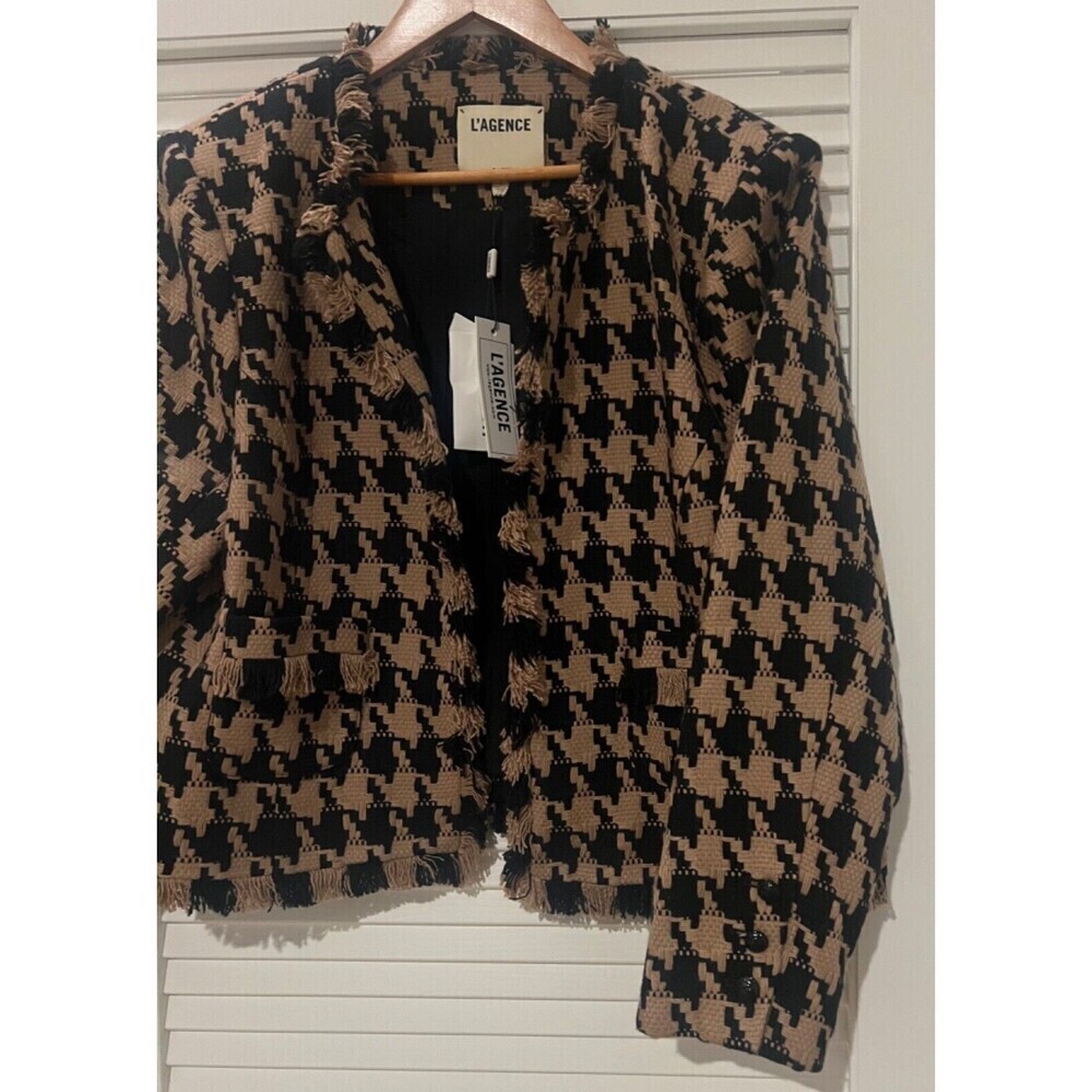 NWT L'AGENCE Angelina Houndstooth Open Front Blazer in Cappuccino Black Brown - Picture 10 of 16